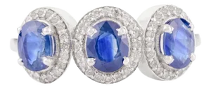 Blue Sapphire & Halo Diamond Three Stone Engagement Ring Size 7