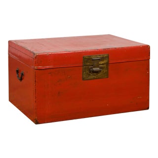 Mid 20th Century Vintage Chinese Distressed Red Lacquered Blanket Chest with Bronze Hardware For Sale