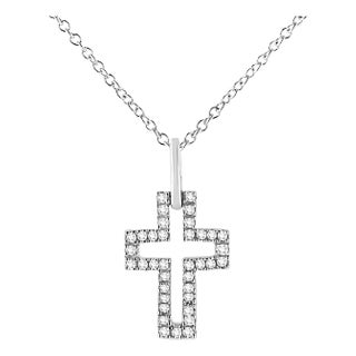 .925 Sterling Silver 1/10 cttw Pave-Set Round-Cut Diamond Open Cross 18" Pendant Necklace (I-J Color, I1-2 Clarity) For Sale