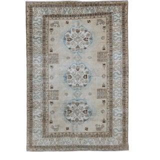 Vintage Persian Tabriz Rug With Three Medallions in Muted Earth Tones and Light Blue For Sale