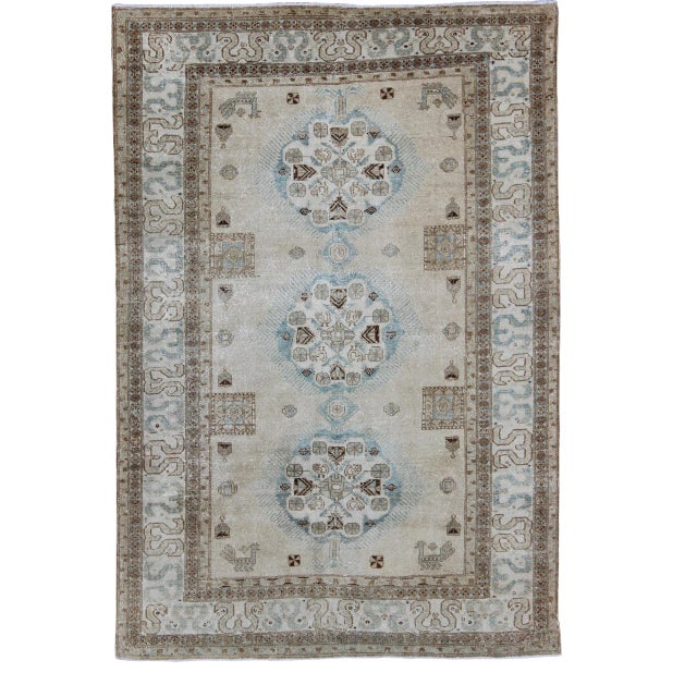 Vintage Persian Tabriz Rug With Three Medallions in Muted Earth Tones and Light Blue For Sale