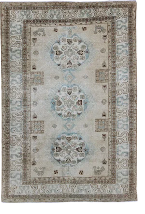 Vintage Persian Tabriz Rug With Three Medallions in Muted Earth Tones and Light Blue