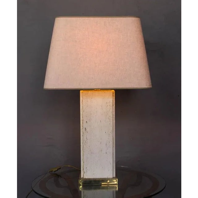 Brass Large French Mid-Century Rectangular Travertine Table Lamp With Brass Base, 1960s For Sale - Image 8 of 12