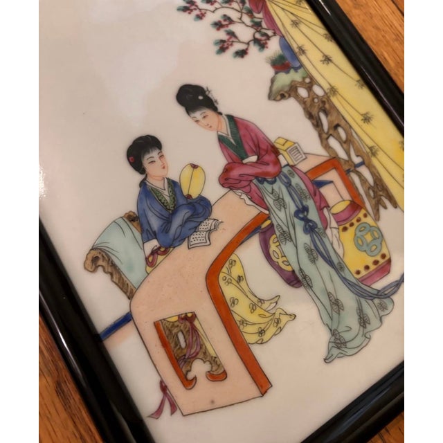 Vintage Chinese Famille Rose Hand Painted and Framed Porcelain Tiles Set of 4 For Sale - Image 9 of 12