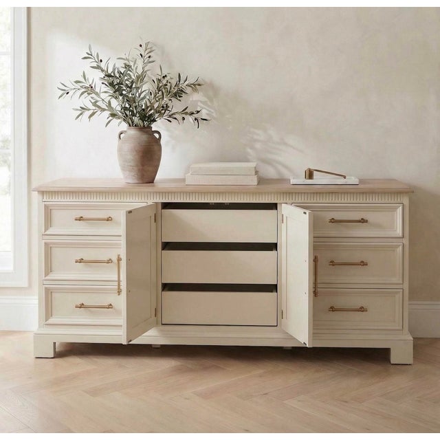 Traditional 1980s Refinished Drexel Heritage Sideboard – Cream & Natural Wood, Solid Walnut With Brass Hardware For Sale - Image 3 of 10