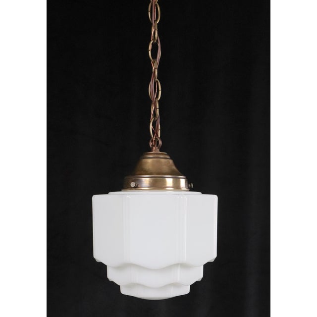 Art Deco Restored Art Deco Stepped Milk Glass Hanging Pendant Light For Sale - Image 3 of 8