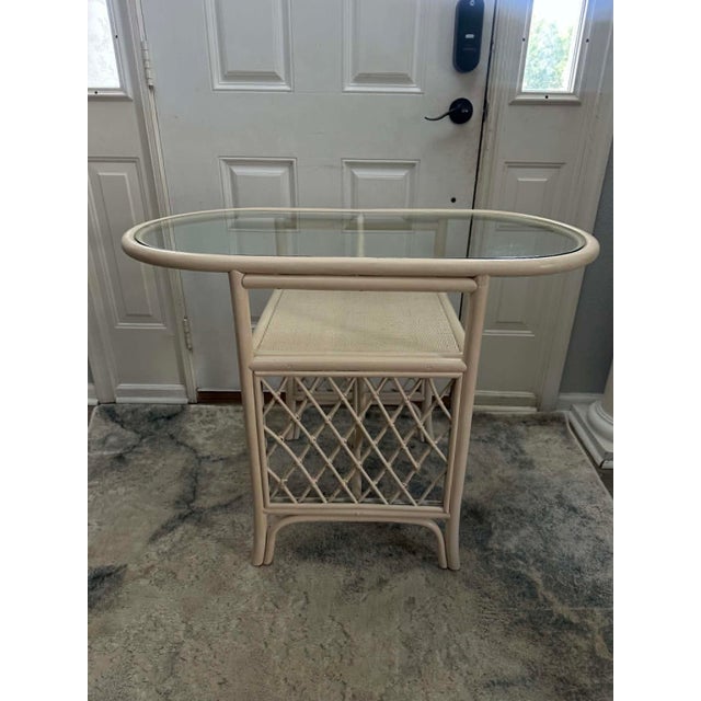 Late 20th Century Vintage Coastal Rattan Bistro Set With Glass Table & Two Barrel Chairs For Sale - Image 5 of 18