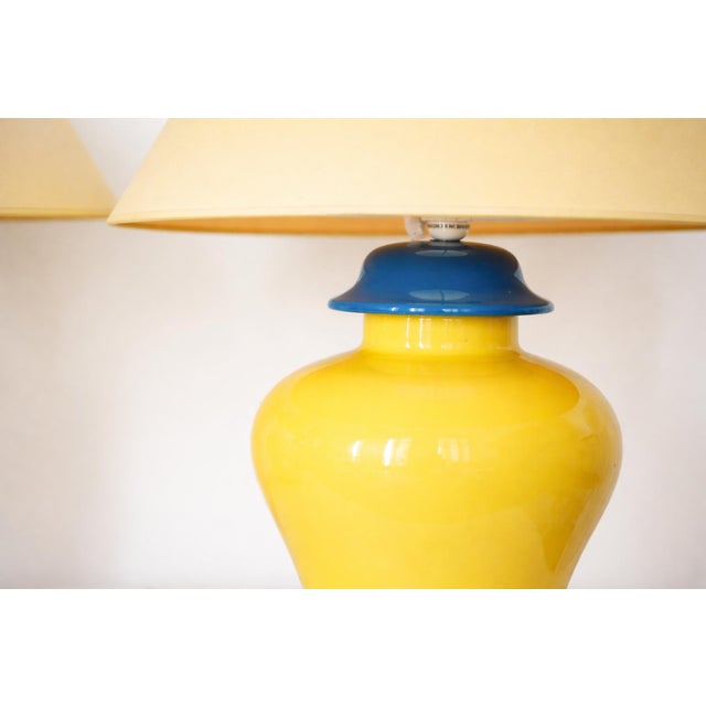 French Yellow and Cobalt Blue Glazed Ceramic Table Lamps, 20th Century, Set of 2 For Sale - Image 4 of 11