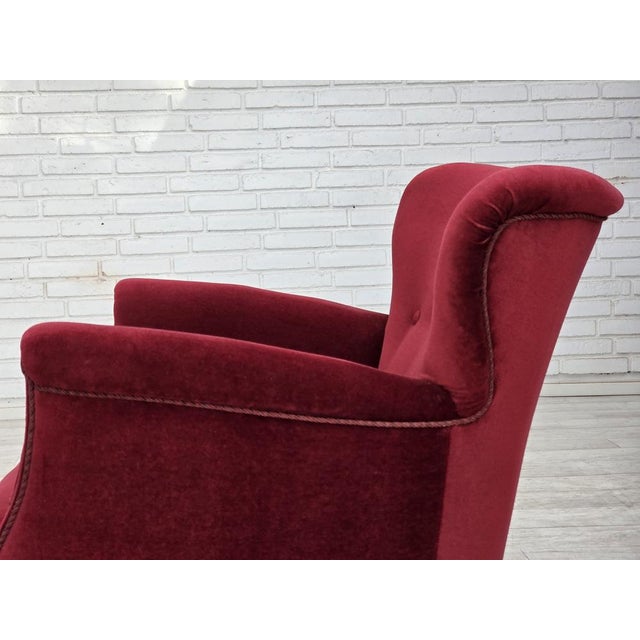 Vintage Danish Lounge Chair in Cherry-Red Furniture Velour and Oak, 1960s For Sale - Image 10 of 18