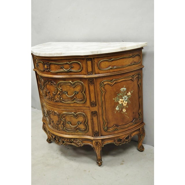 Vintage French Louis XV Style Bombe Demilune Marble Top Floral Painted Commode For Sale - Image 13 of 14