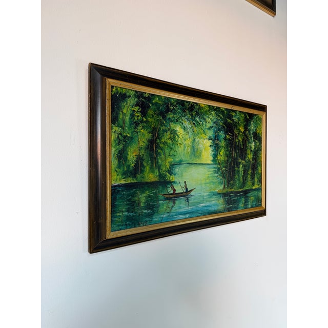 Impressionist Vintage Antzinga Impressionist Two Man Canoeing River Scene Oil on Canvas – Framed For Sale - Image 3 of 11