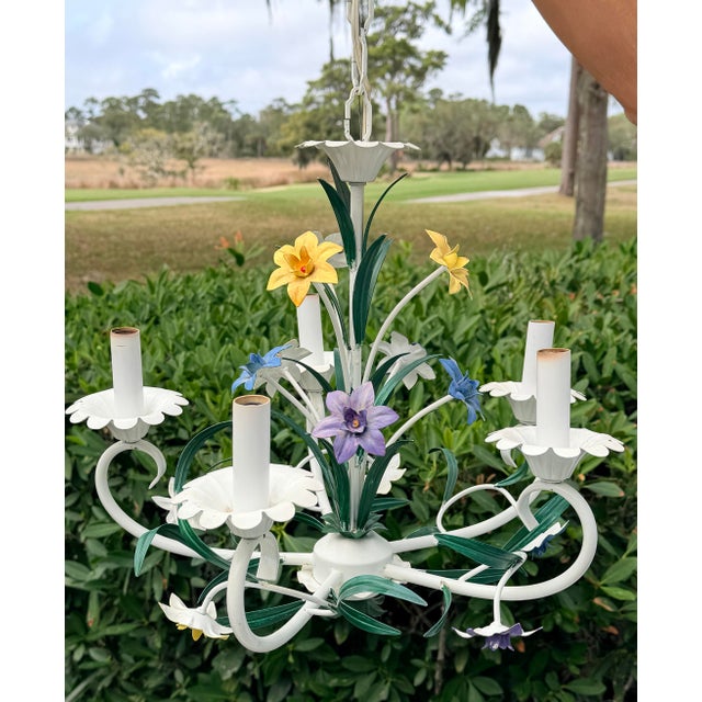 Vintage 5 arm tole chandelier. Bouquet of yellow, blue, purple and pink flowers with green stems. Palm Beach regency...