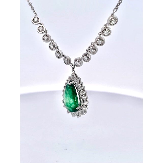 Pear-Shaped Cabochon Emerald & Diamond Halo Pendant Necklace in White Gold For Sale - Image 9 of 12