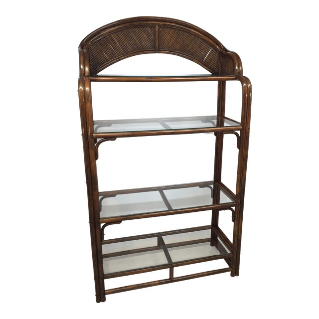 Vintage Rattan and Glass Arched Fan Top Multi Shelf Etagere For Sale