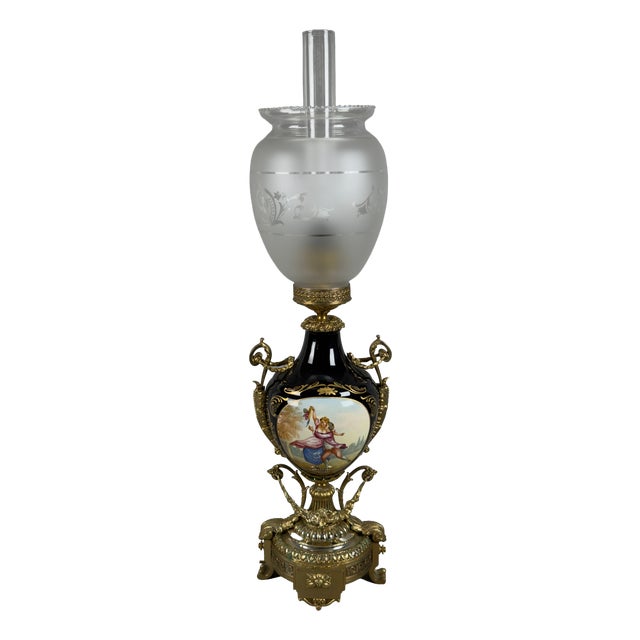 Antique French Porcelain, Brass and Satin Glass Table Lamp, 20th Century For Sale
