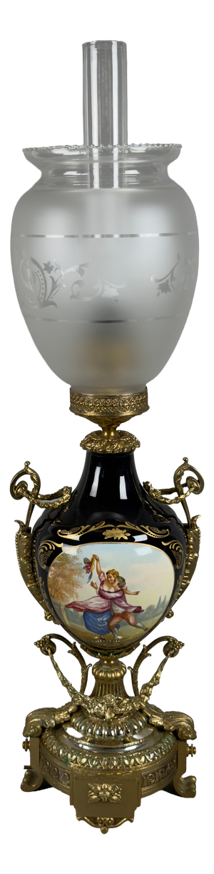 Antique French Porcelain, Brass and Satin Glass Table Lamp, 20th Century