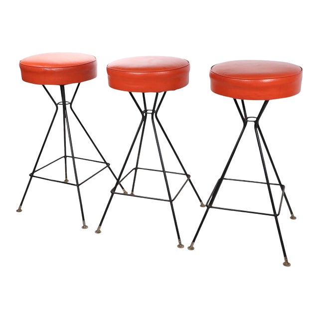 Mid 20th Century Lot of Three Mid Century Swivel Bar Stools For Sale