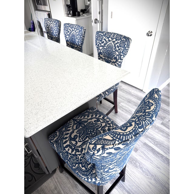 Modern Regal Blue & Ivory Damask Bohemian Lotus Flower Design Counter Stools Set of 4 For Sale In Chicago - Image 6 of 10