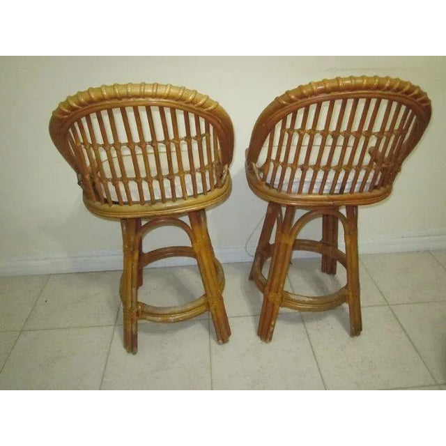 Beige 1970s Vintage Bamboo Rattan Counter Swivel Stool, Beige Cushion Tropical Style - Set of 2 For Sale - Image 8 of 12