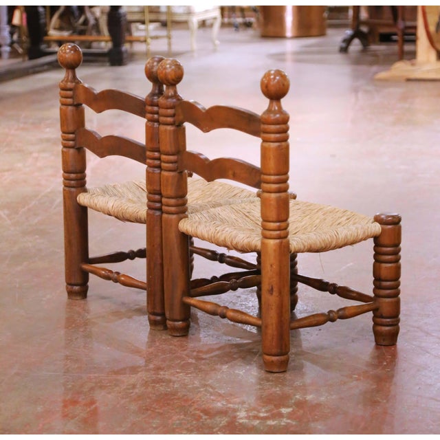 Pair of Early 20th Century French Provincial Low Oak Chairs With Rush Seats For Sale - Image 9 of 10