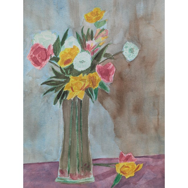 Shabby Chic Vintage Original Still Life Floral Watercolor Painting Framed For Sale - Image 3 of 10