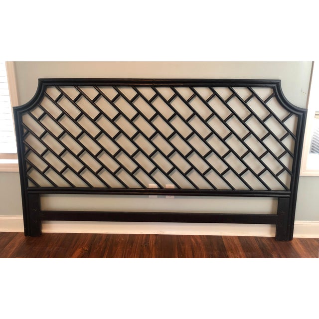 Mid Century Vintage Navy Blue Chinese Chippendale Bamboo Rattan King