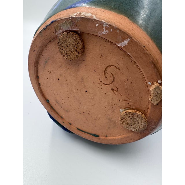 Vintage Signed Studio Pottery Vase in Cobalt Blue and Teal Glaze For Sale - Image 4 of 5