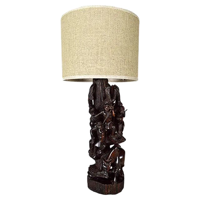Carved Ebony Table Lamp, 1950s For Sale