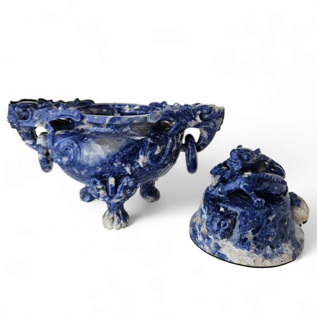 Chinoiserie Extremely Rare Early 20th Century Hand-Carved Lapis Lazuli Chinese Dragon Censer For Sale - Image 3 of 12