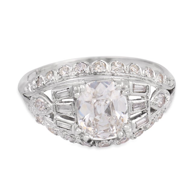 Art Deco 1930s Art Deco Gia 1.51 Carat Old Mine Cut Diamond Platinum Engagement Ring, Size 8 For Sale - Image 3 of 8
