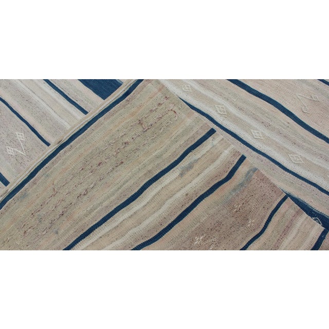 Vintage Flat-Weave Kilim With Navy Blue, Light Green & Taupe in Striped Design For Sale In Atlanta - Image 6 of 7