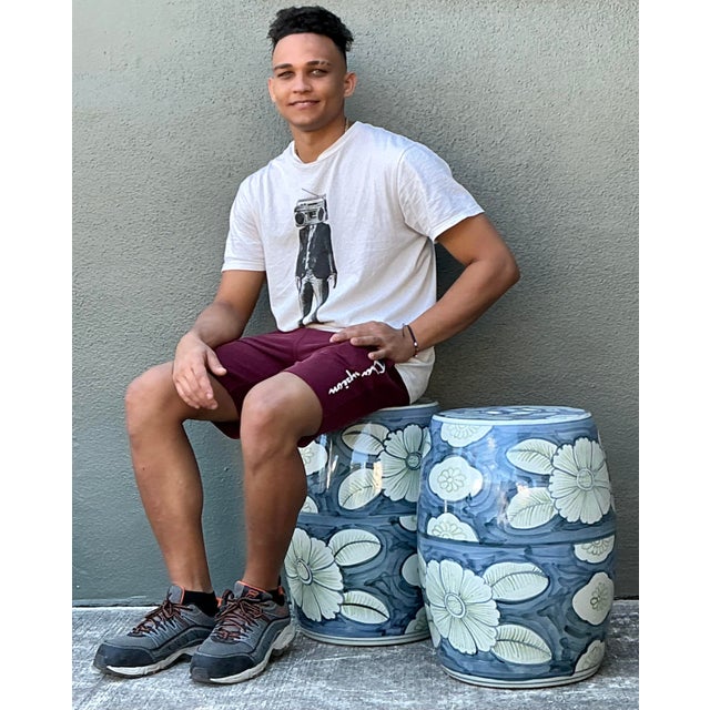 Ceramic Vintage Glazed Ceramic Floral Garden Stools - A Pair For Sale - Image 7 of 12