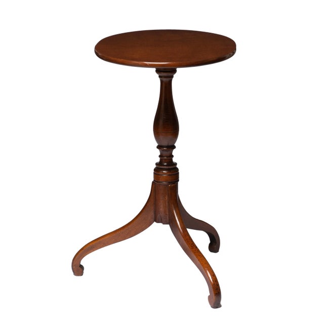 American cherry Hepplewhite tripod spider leg candle stand with an exceptionally figured curly maple veneered oval top....