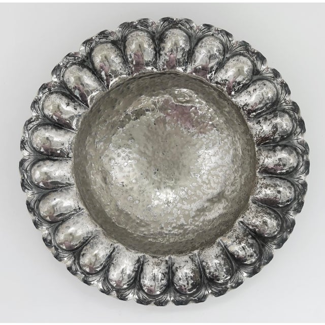 Late 20th Century Hammered Silver Plate Footed Bowl With Scalloped Edge and Ring Handles For Sale - Image 4 of 8