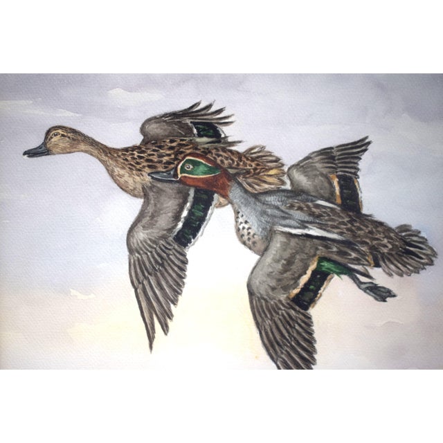 Traditional Mid 20th Century Two Ducks in Flight Over Marsh Painting by Jean Herblet For Sale - Image 3 of 5