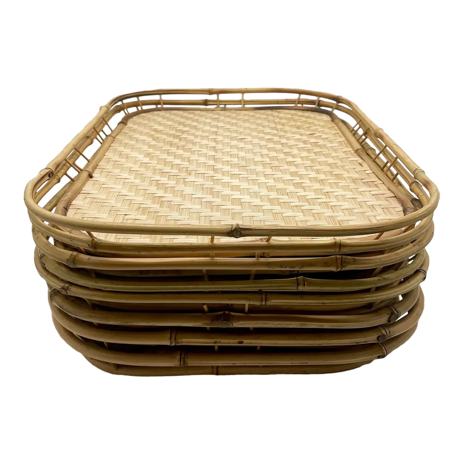 Vintage Boho Woven Rattan & Bamboo Stacked Serving Trays Set of 8