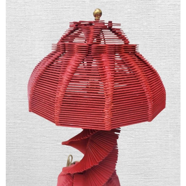 Vintage Mid Century Modern Helix Style Custom Painted Bright Red Popsicle Stick Table Lamp With Shade For Sale - Image 4 of 6