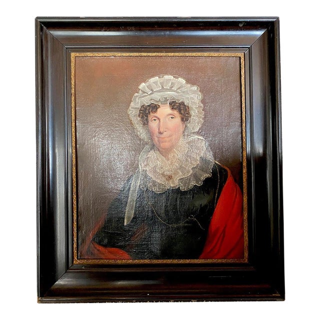 Huge Antique French Oil Painting Portrait, c.1800 Woman in Lace Bonnet, Red Shawl, Heavy 38" X 34" Wood Frame For Sale