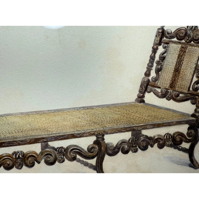 Antique 19th Century Original English Caned Day Bed Watercolor Painting Chair For Sale - Image 10 of 11