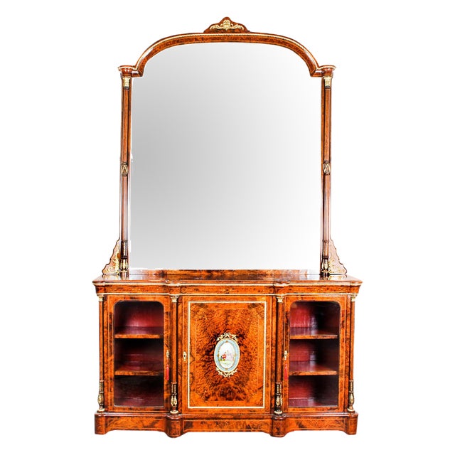 Victorian Burr Walnut Sevres Plaque Credenza with Mirror Back, 19th Century For Sale