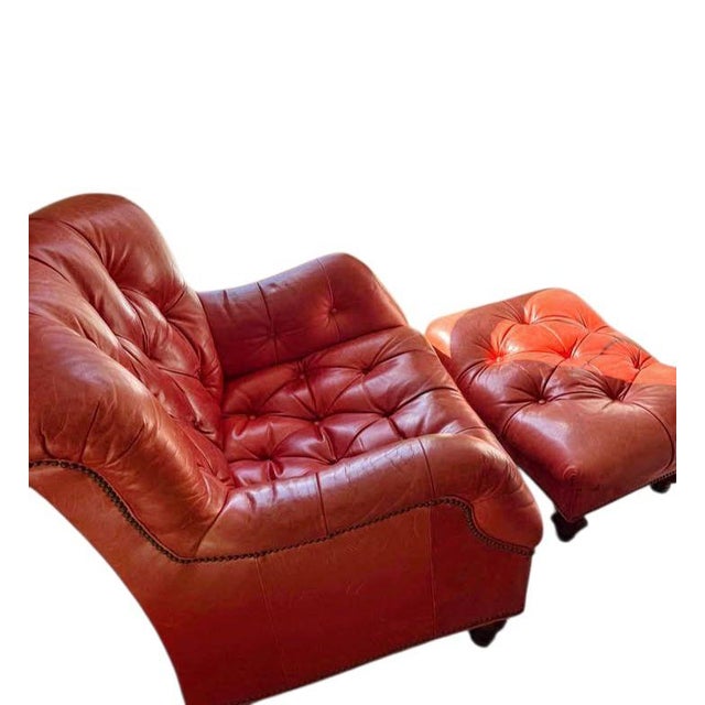 Vintage Thomasville Chesterfield Leather Easy Chair and Ottoman Set For Sale In Raleigh - Image 6 of 12