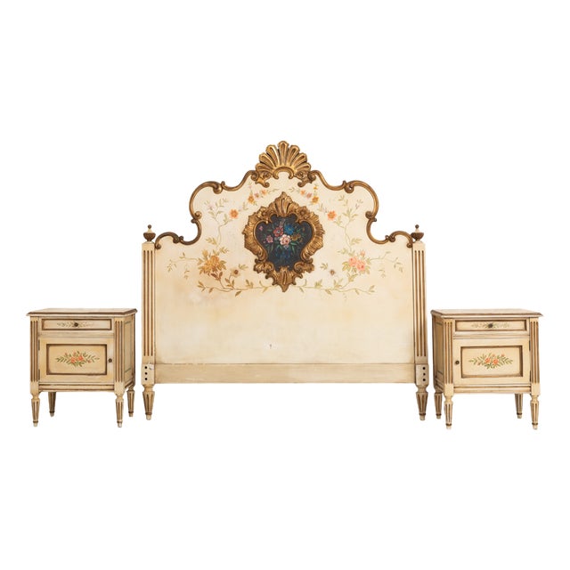 Vintage Hand-Painted Floral Headboard with Matching Nightstands, 1960s, Set of 3 For Sale