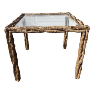 Vintage Carved Faux Bois Mid Century Side Table Hollywood Regency Carved Wood For Sale
