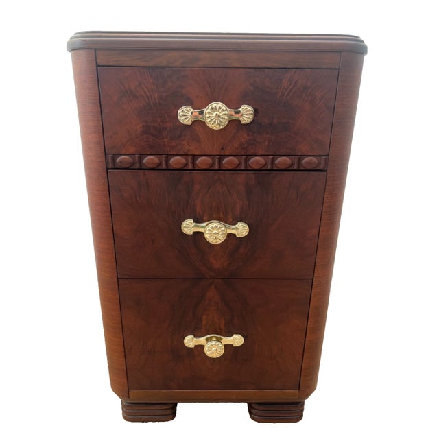 Gorgeous Art Deco Hand Crafted Side Table, Nightstand with Three Drawers, Dovetail jointed Drawers with Brass Pulls, Burl...