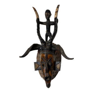Guro Style African Carved Wood Horned Antelope Mask With Figure, Côte D’Ivoire For Sale