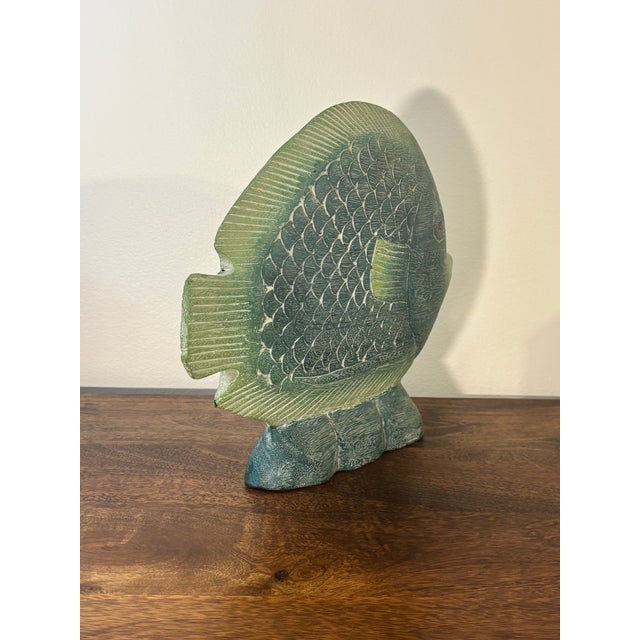 Vintage Vibrant Hand Carved and Hand Painted Wooden Fish Sculpture For Sale In Miami - Image 6 of 6