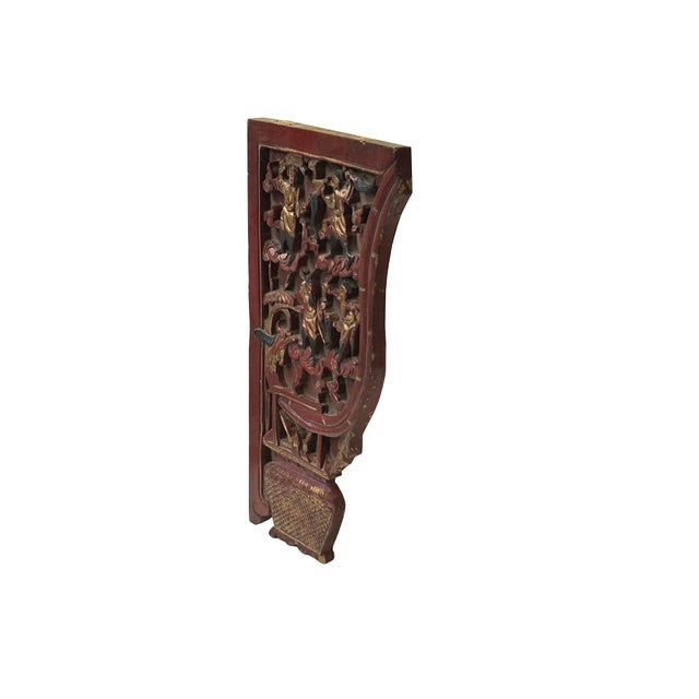 Asian Vintage Corbel Corner Wood Red Gold Carving Wall Hanging Art Plaque For Sale - Image 3 of 9