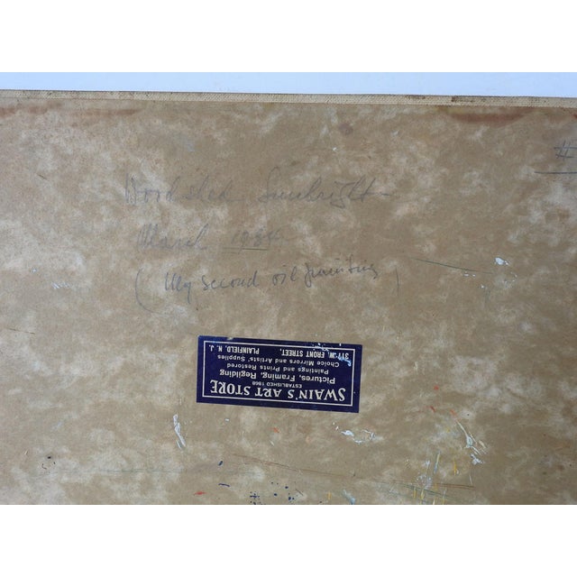 Vintage 1924 oil on canvas board painting of yellow farmhouse and landscape by George Jean His (20th century) New...