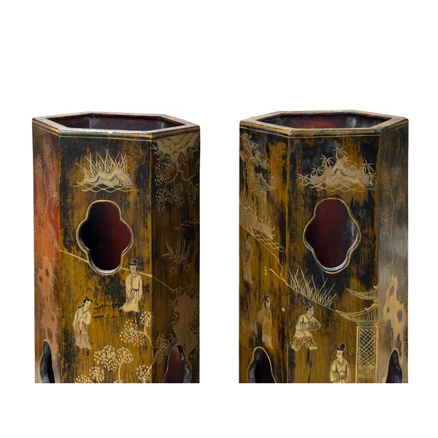 Pair Chinese Matte Gold Scenery Hexagonal Display Wood Brush Pots Vase For Sale - Image 11 of 18