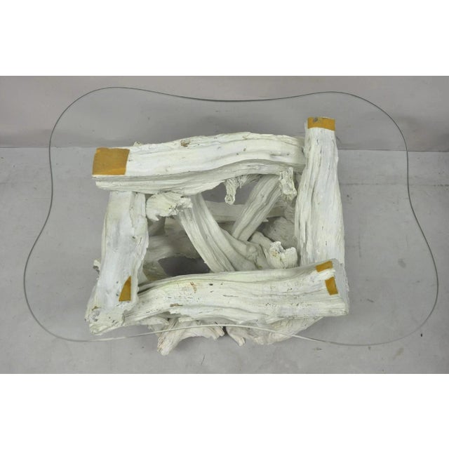 Vintage Mid Century Modern White Driftwood Base Glass Top Side End Table For Sale - Image 4 of 10